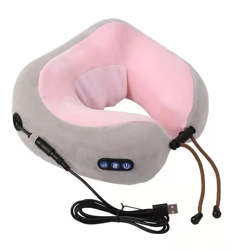 Brown U shaped electric neck massage pillow on a grey background