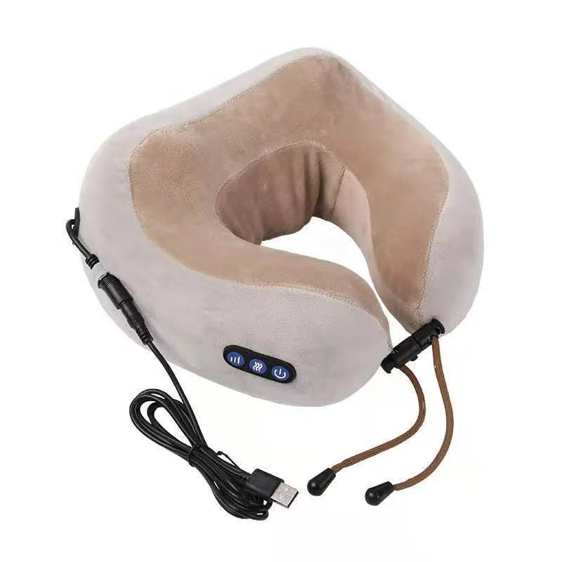 Brown U shaped electric neck massage pillow on a grey background