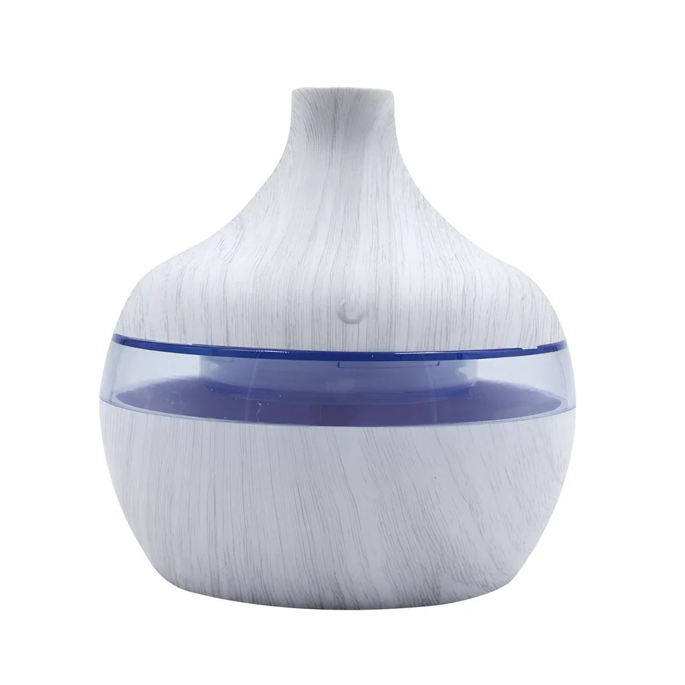 Compact wood grain USB humidifier with 300ml capacity, yellow wood-grain finish, LED lights, for aromatherapy misting