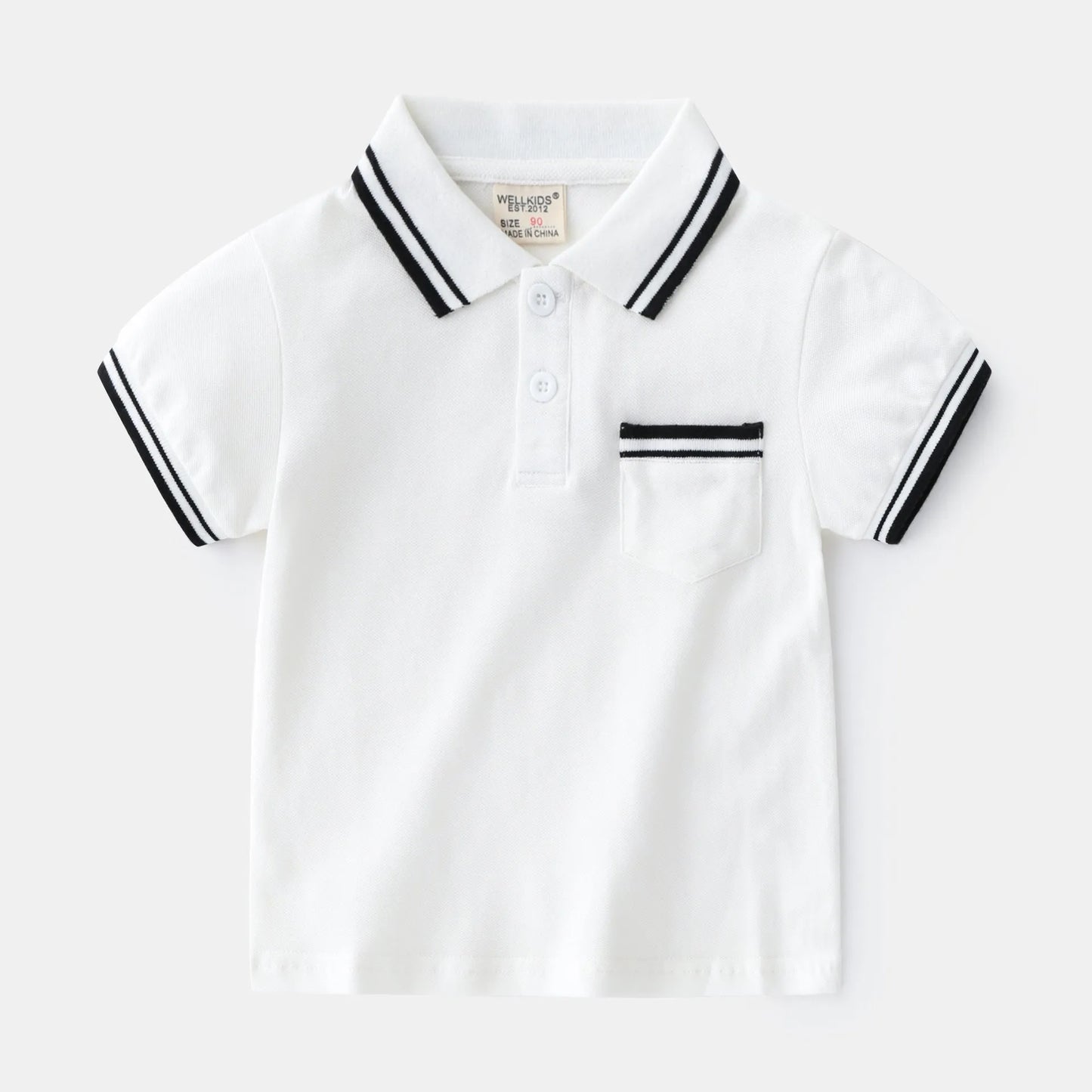Boys' white cotton polo shirt with short sleeves and round neck for summer wear