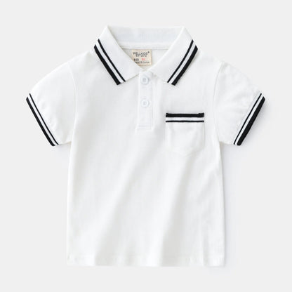 Boys' white cotton polo shirt with short sleeves and round neck for summer wear