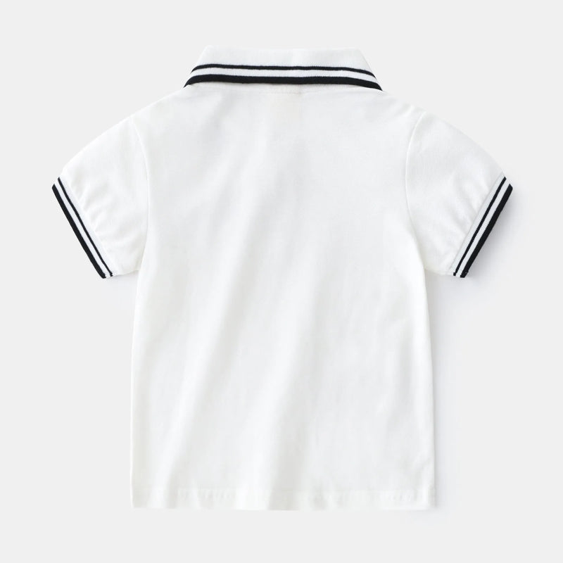 Boys' T-shirt summer polo shirt for ages 3-8 in soft cotton fabric with moisture-wicking function, available in white or black and sizes from 90cm to 130cm for casual short-sleeve wear