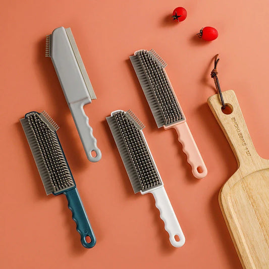 Multipurpose cleaning brush set with removable heads, soft bristles, and scraper for thorough cleaning of kitchen, bathroom, and household surfaces