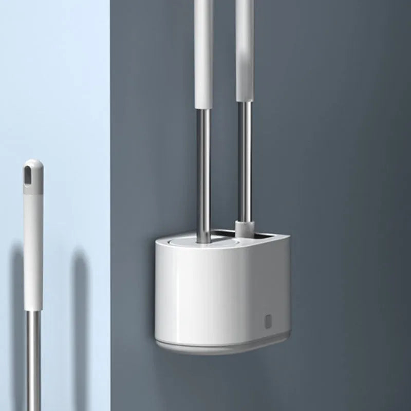 White silicone toilet brush set with TPR soft brush head and long handle, includes second cleaning brush