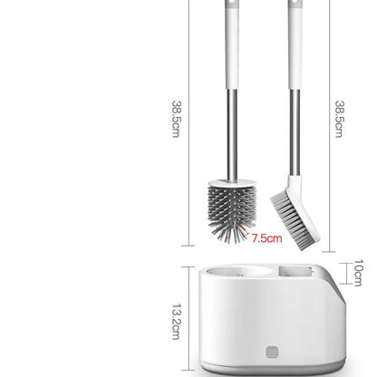 White silicone toilet brush set with TPR soft brush head and long handle, includes second cleaning brush