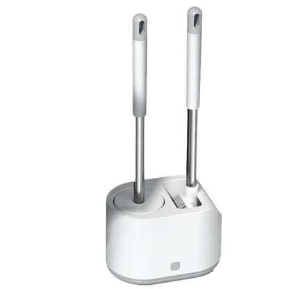 White silicone toilet brush set with TPR soft brush head and long handle, includes second cleaning brush