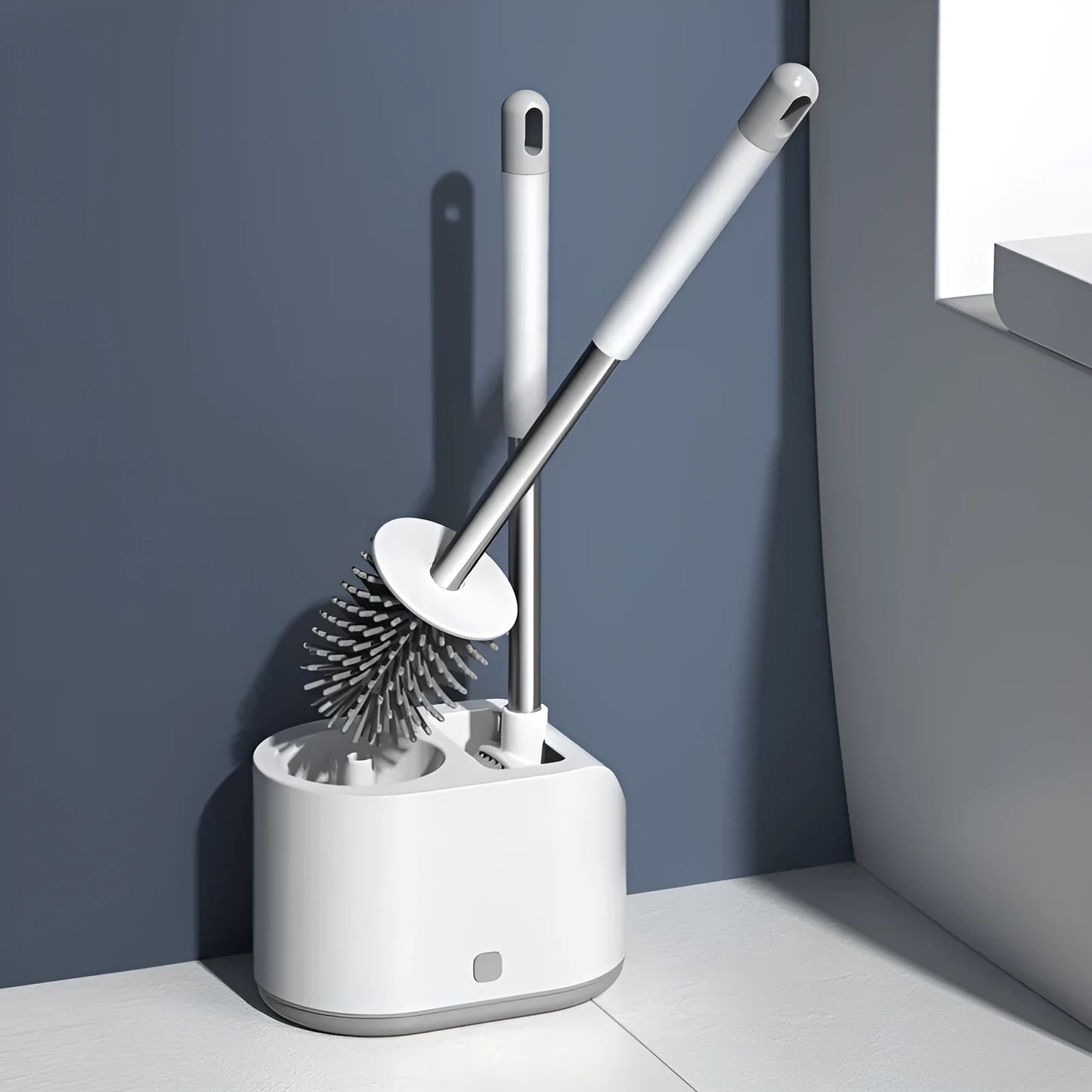 White silicone toilet brush set with TPR soft brush head and long handle, includes second cleaning brush
