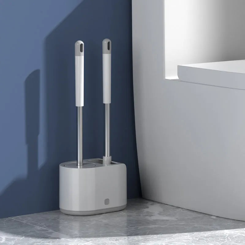 White silicone toilet brush set with TPR soft brush head and long handle, includes second cleaning brush