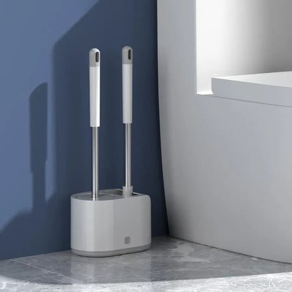 White silicone toilet brush set with TPR soft brush head and long handle, includes second cleaning brush