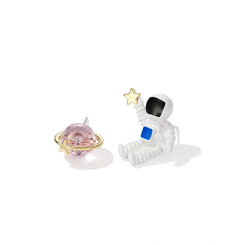 Creative Cute Planet Astronaut Silver Earrings for Children, durable and imaginative design