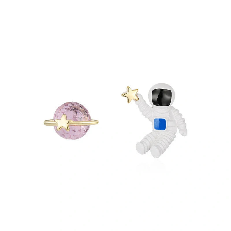 Creative Cute Planet Astronaut Silver Earrings for Children, durable and imaginative design