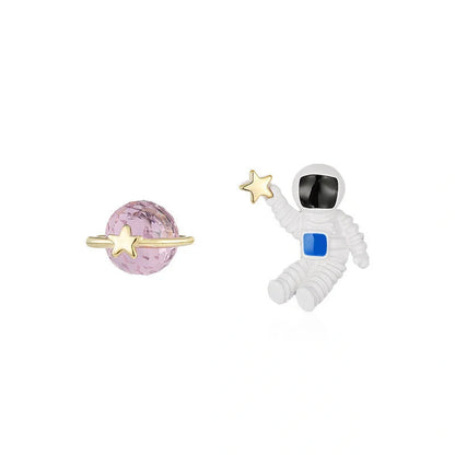 Creative Cute Planet Astronaut Silver Earrings for Children, durable and imaginative design