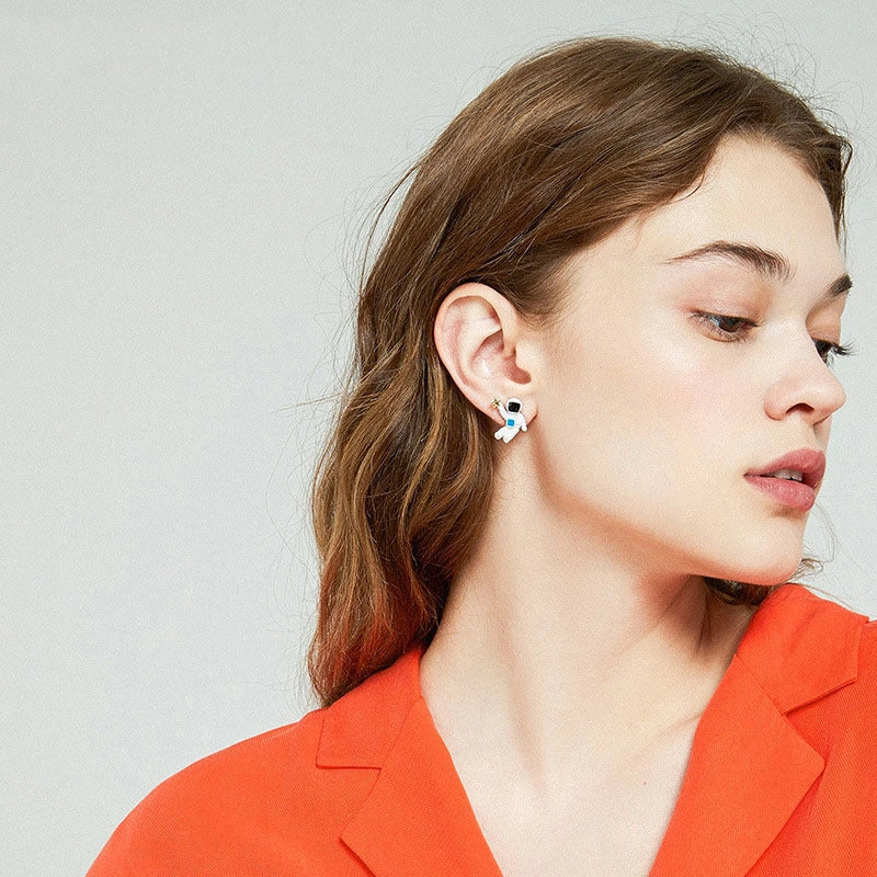 Creative Cute Planet Astronaut Silver Earrings for Children, durable and imaginative design