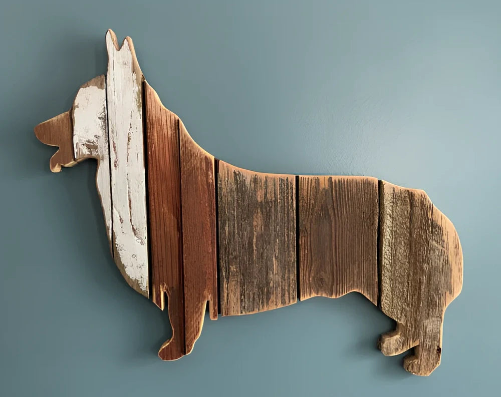 Handcrafted wooden dog breed decorations showing manual carving details