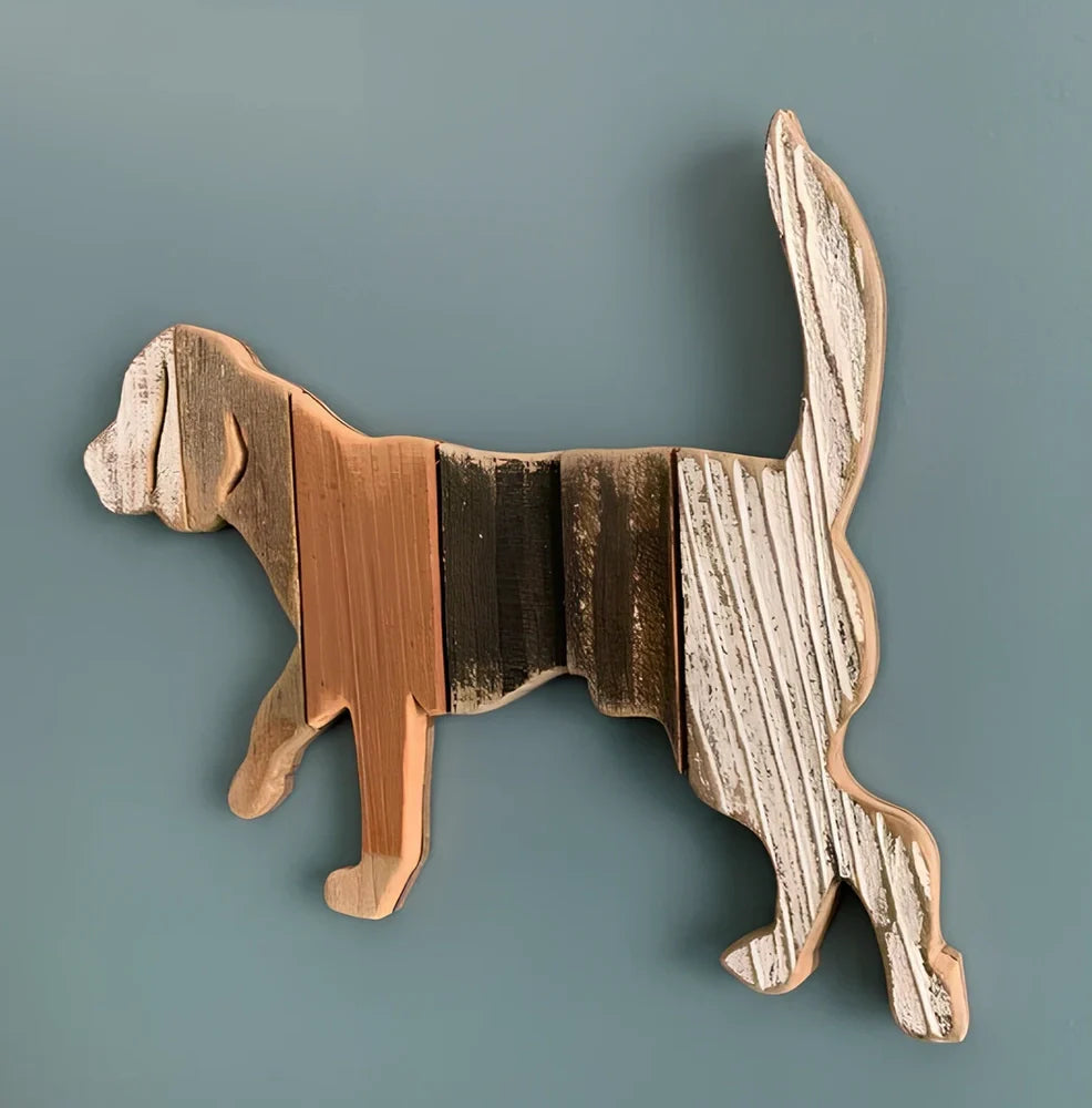 Handcrafted wooden dog breed decorations showing manual carving details