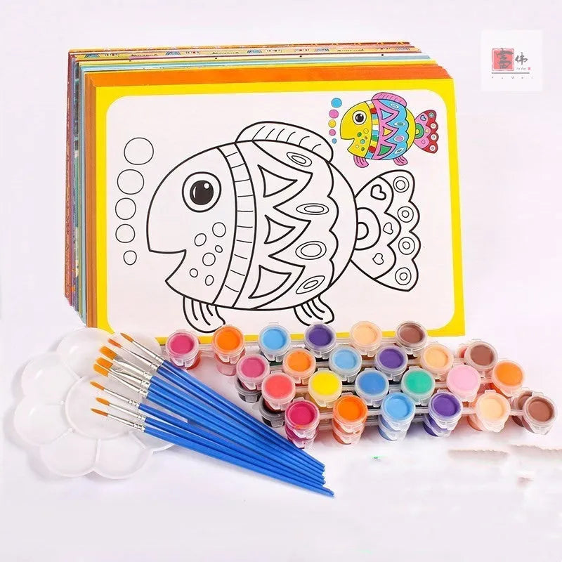 Children's gouache painting board set showing sketchbook, 8 pigment rows, pens, and palette.