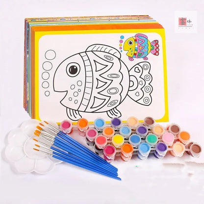 Children's gouache painting board set showing sketchbook, 8 pigment rows, pens, and palette.
