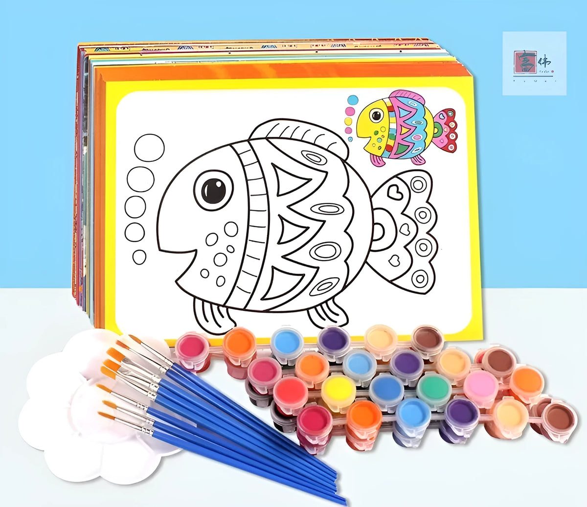 Children's gouache painting board set showing sketchbook, 8 pigment rows, pens, and palette.