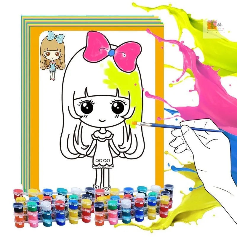Children's gouache painting board set showing sketchbook, 8 pigment rows, pens, and palette.