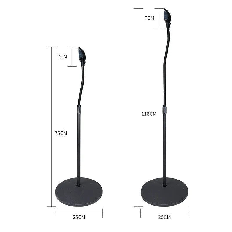 Black and white speaker stand tripod hanger rack for bookshelf and satellite speakers on a shelf.