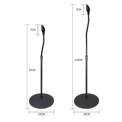 Black and white speaker stand tripod hanger rack for bookshelf and satellite speakers on a shelf.