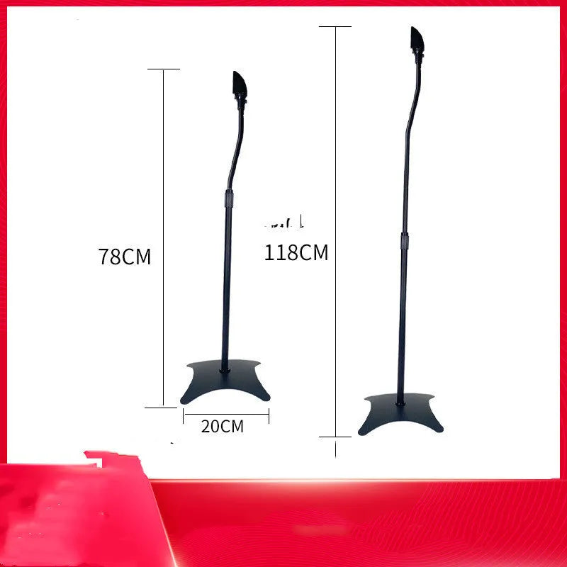 Black and white speaker stand tripod hanger rack for bookshelf and satellite speakers on a shelf.