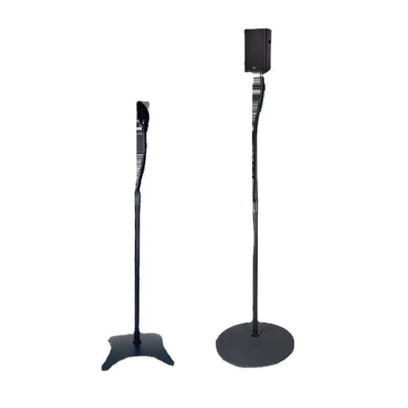 Black and white speaker stand tripod hanger rack for bookshelf and satellite speakers on a shelf.
