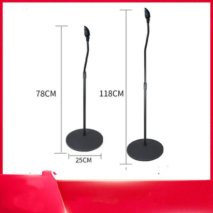 Black and white speaker stand tripod hanger rack for bookshelf and satellite speakers on a shelf.