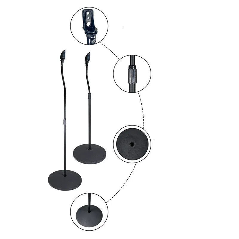 Black and white speaker stand tripod hanger rack for bookshelf and satellite speakers on a shelf.