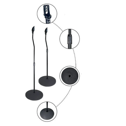 Black and white speaker stand tripod hanger rack for bookshelf and satellite speakers on a shelf.