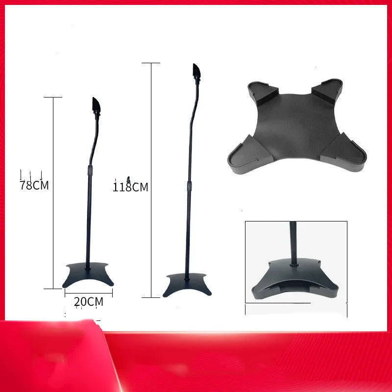 Black and white speaker stand tripod hanger rack for bookshelf and satellite speakers on a shelf.
