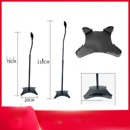Black and white speaker stand tripod hanger rack for bookshelf and satellite speakers on a shelf.