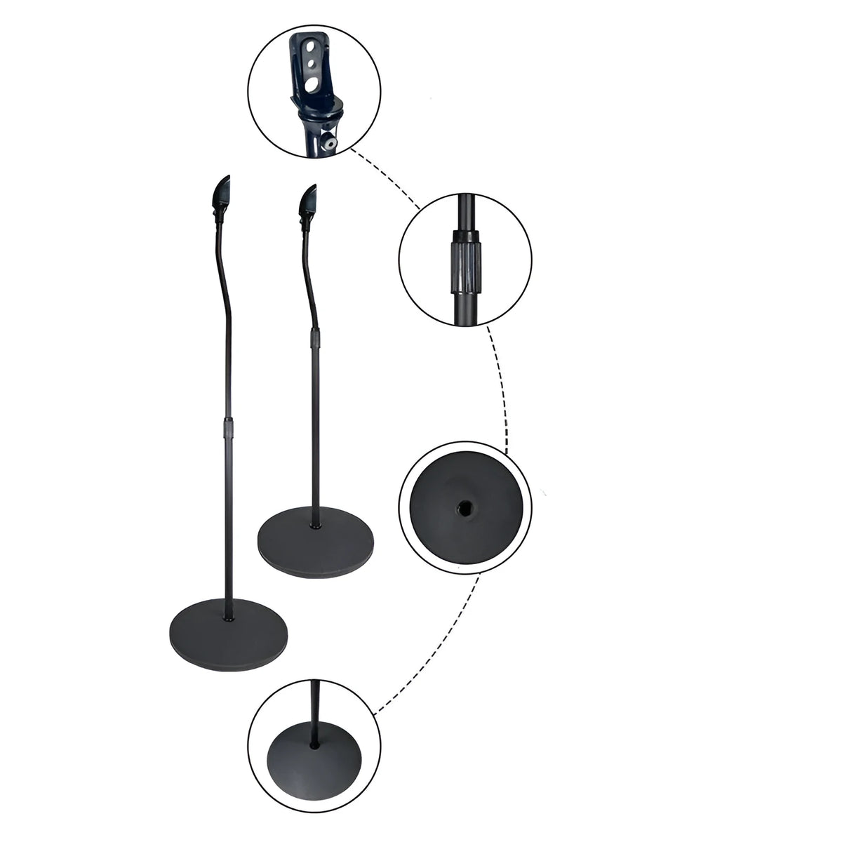 Black and white speaker stand tripod hanger rack for bookshelf and satellite speakers on a shelf.