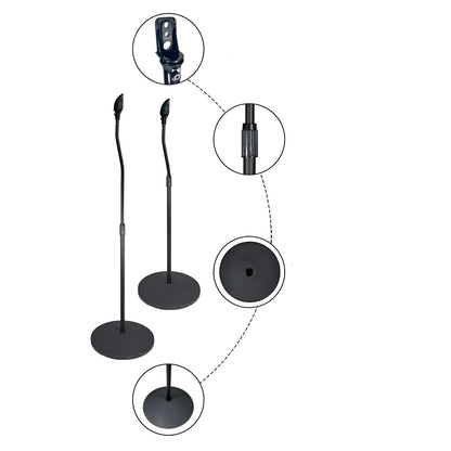 Black and white speaker stand tripod hanger rack for bookshelf and satellite speakers on a shelf.