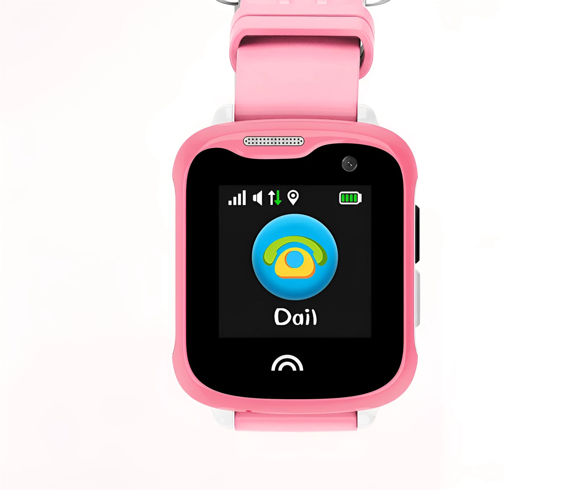 Children's waterproof smartwatch with a colour touch screen on a silicone strap, shown in black, blue, and pink.