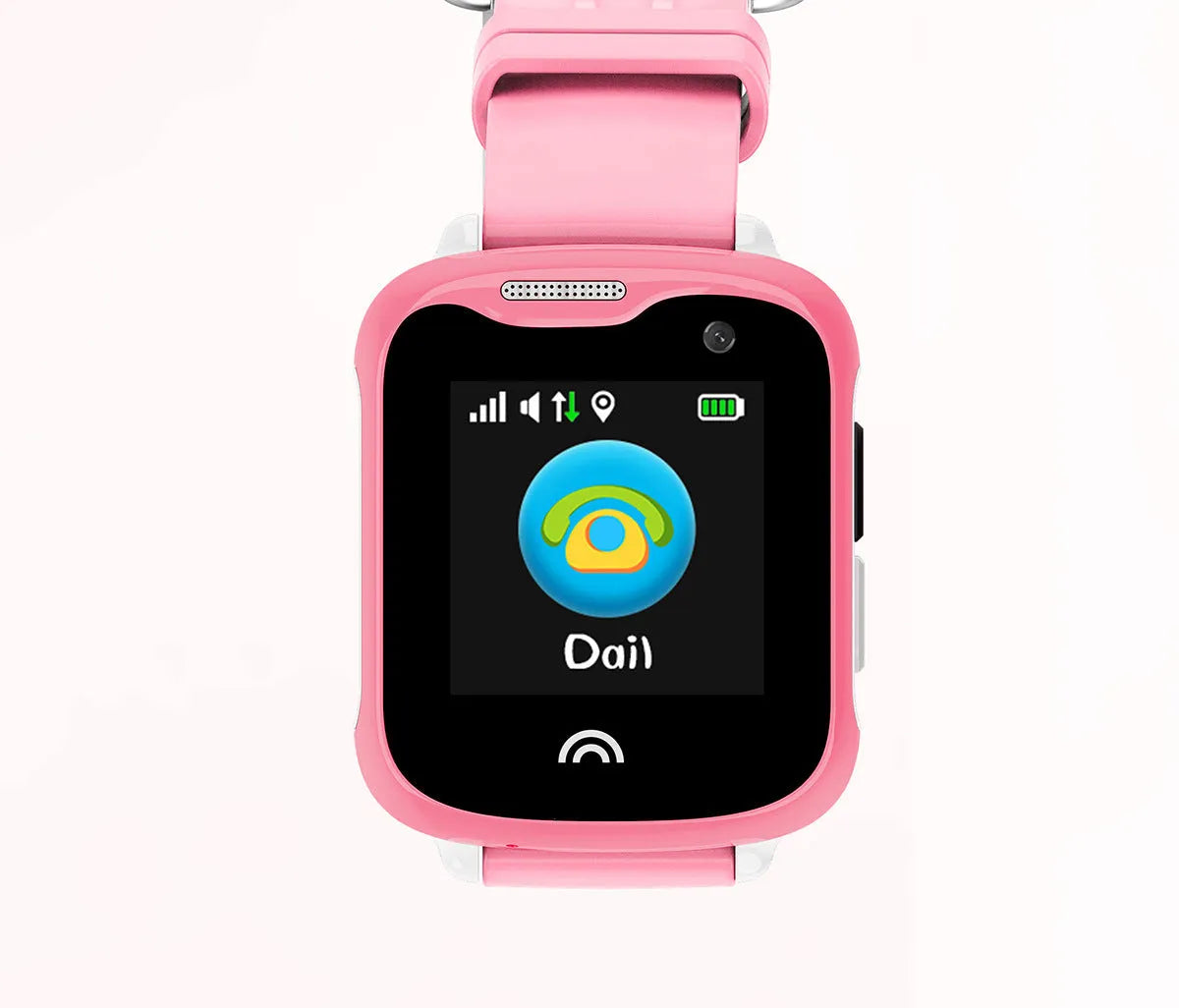 Children's waterproof smartwatch with a colour touch screen on a silicone strap, shown in black, blue, and pink.
