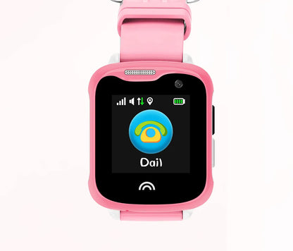Children's waterproof smartwatch with a colour touch screen on a silicone strap, shown in black, blue, and pink.