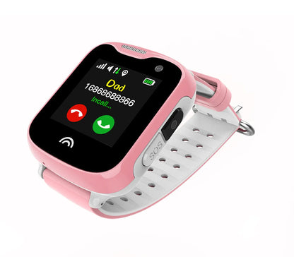 Children's waterproof smartwatch with a colour touch screen on a silicone strap, shown in black, blue, and pink.