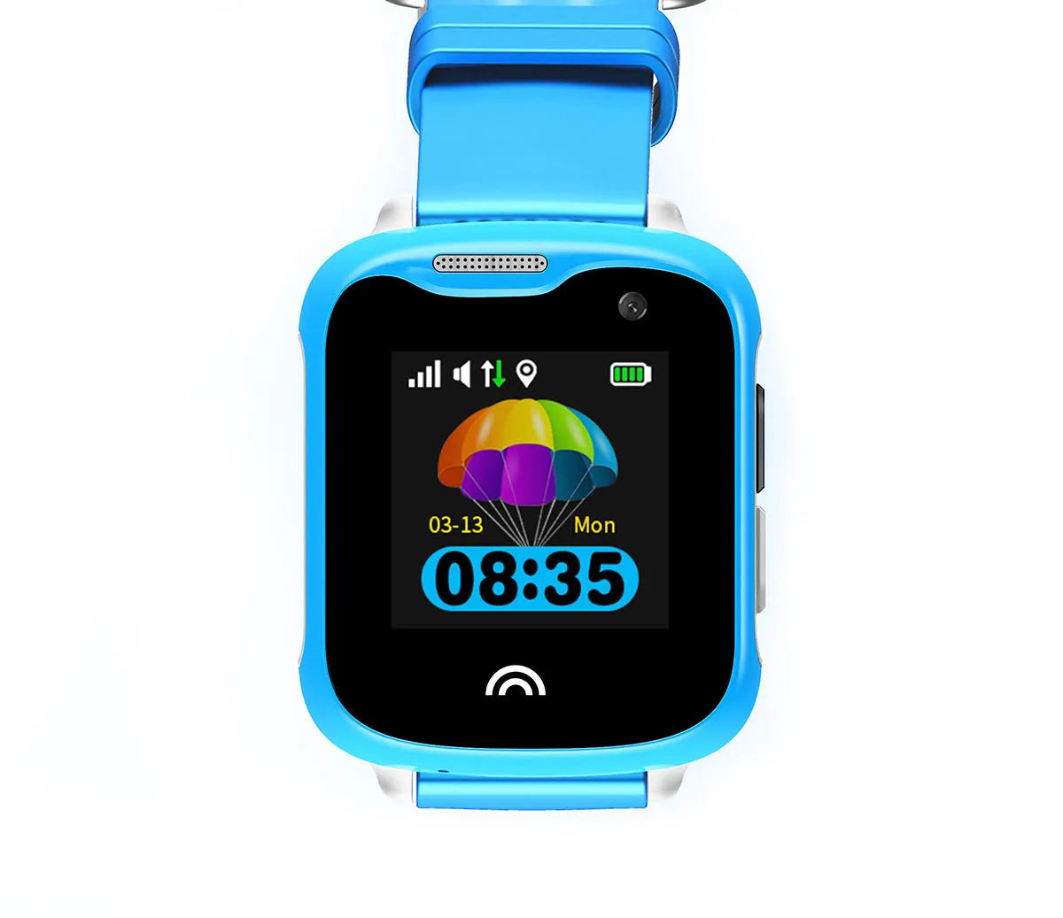 Children's waterproof smartwatch with a colour touch screen on a silicone strap, shown in black, blue, and pink.