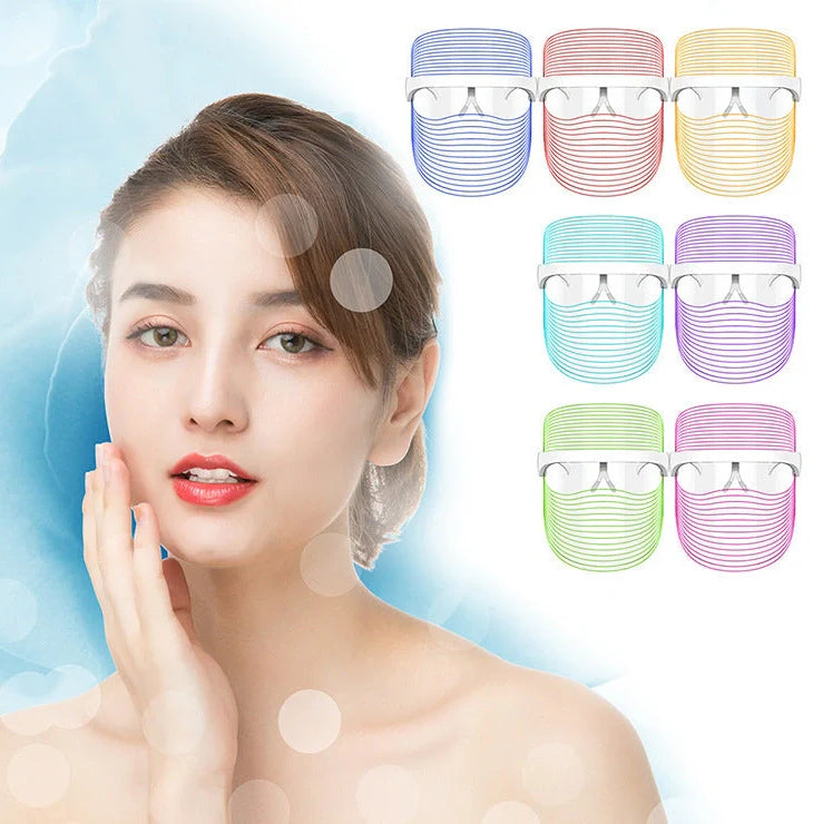 White LED mask measuring 20×17cm for skin light therapy with 7 colours including red, blue, and yellow lights