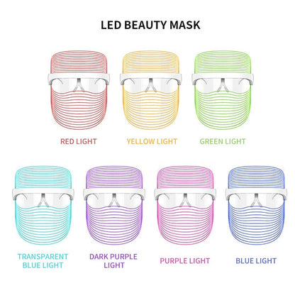 White LED mask measuring 20×17cm for skin light therapy with 7 colours including red, blue, and yellow lights