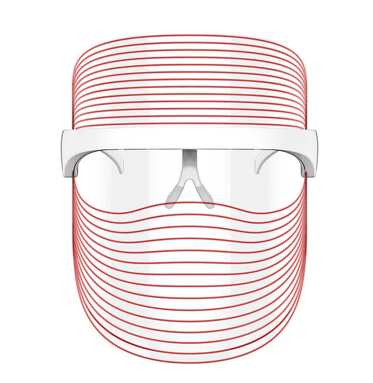 White LED mask measuring 20×17cm for skin light therapy with 7 colours including red, blue, and yellow lights