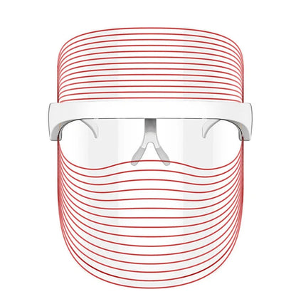 White LED mask measuring 20×17cm for skin light therapy with 7 colours including red, blue, and yellow lights