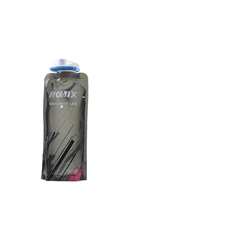 Premium collapsible water bottle in blue, white, and black colors with a compact and portable design for outdoor activities