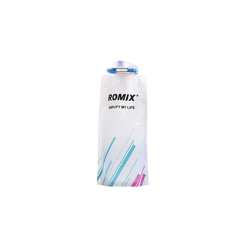Premium collapsible water bottle in blue, white, and black colors with a compact and portable design for outdoor activities