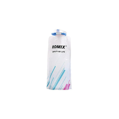 Premium collapsible water bottle in blue, white, and black colors with a compact and portable design for outdoor activities