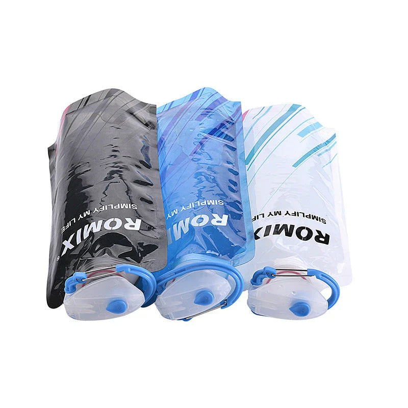Premium collapsible water bottle in blue, white, and black colors with a compact and portable design for outdoor activities