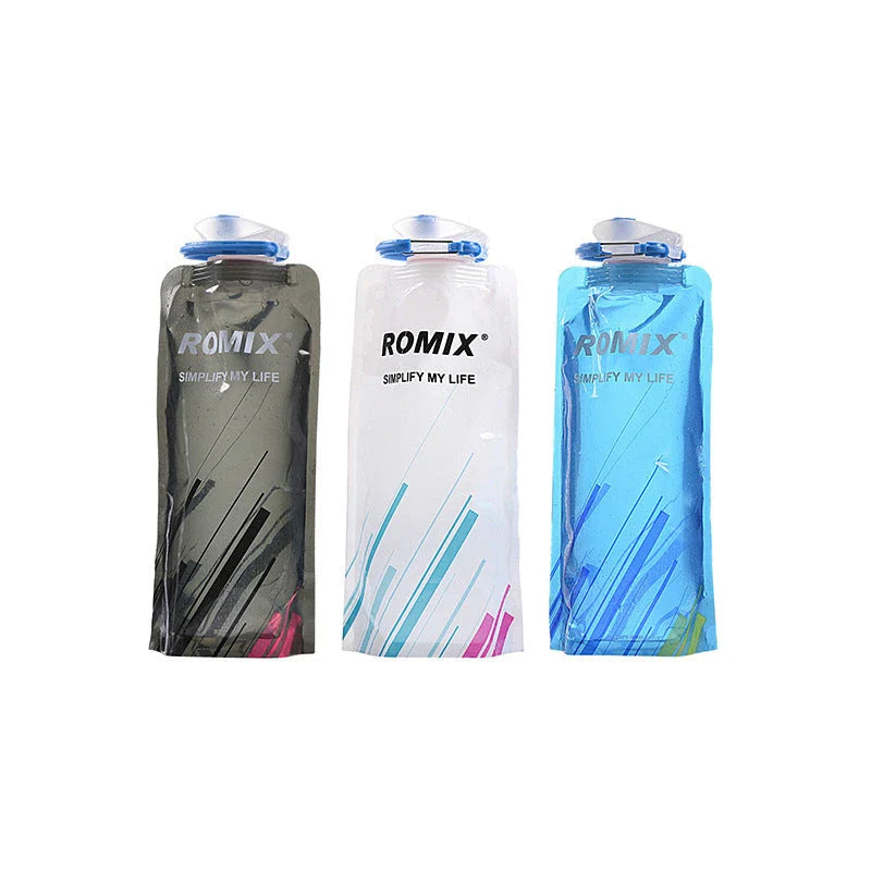 Premium collapsible water bottle in blue, white, and black colors with a compact and portable design for outdoor activities