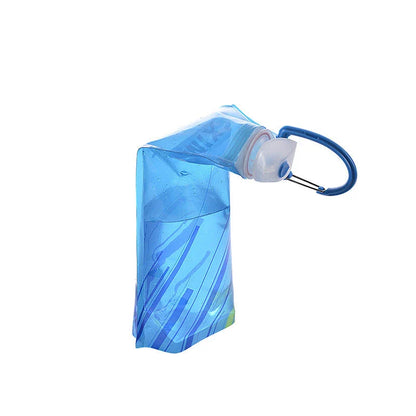 Premium collapsible water bottle in blue, white, and black colors with a compact and portable design for outdoor activities