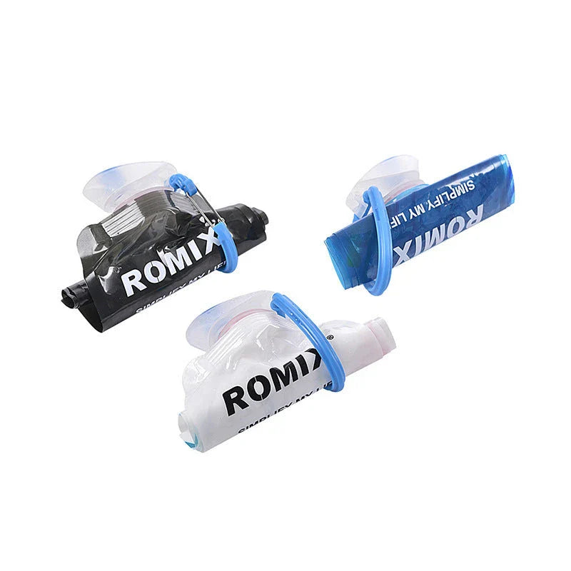 Premium collapsible water bottle in blue, white, and black colors with a compact and portable design for outdoor activities